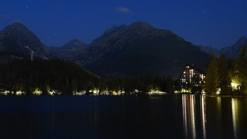 mountain lake at night
